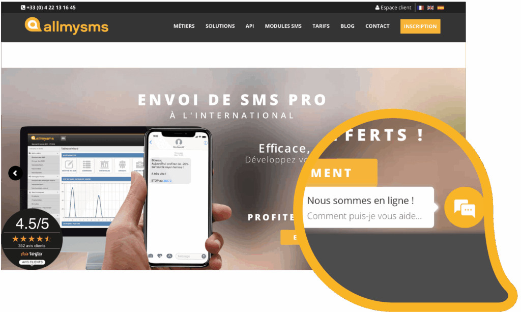 Emplacement du chatbot sur la page d'accueil www.allmysms.com