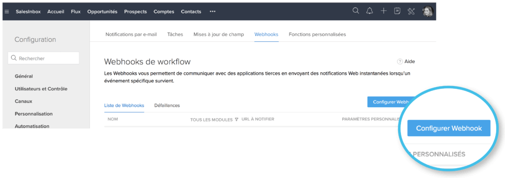 Bouton Configurer Webhook sur Zoho CRM