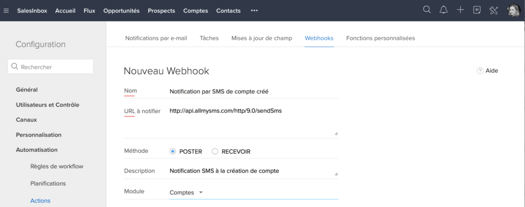 Paramétrage d'un webhook dans Zoho CRM