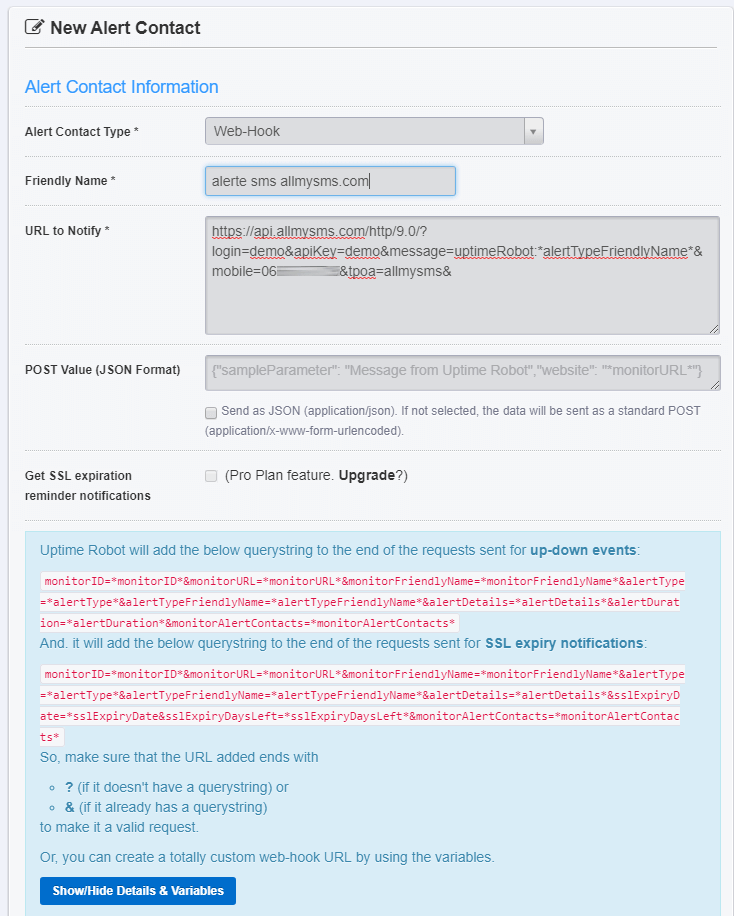 Configuration des alertes SMS de monitoring