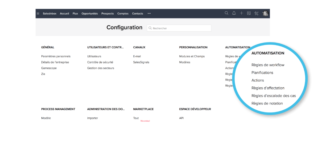 Menu des paramètres sur Zoho CRM