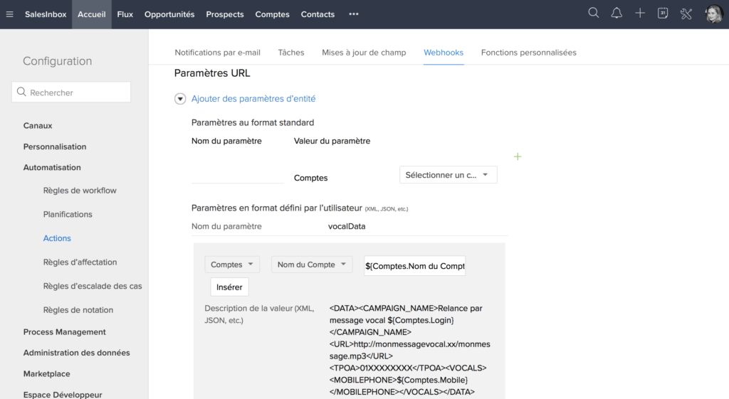 Configuration d'une notification par message vocal direct répondeur