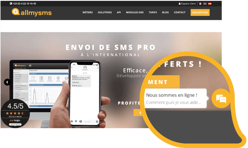 Emplacement du chatbot sur la page d'accueil allmysms.com