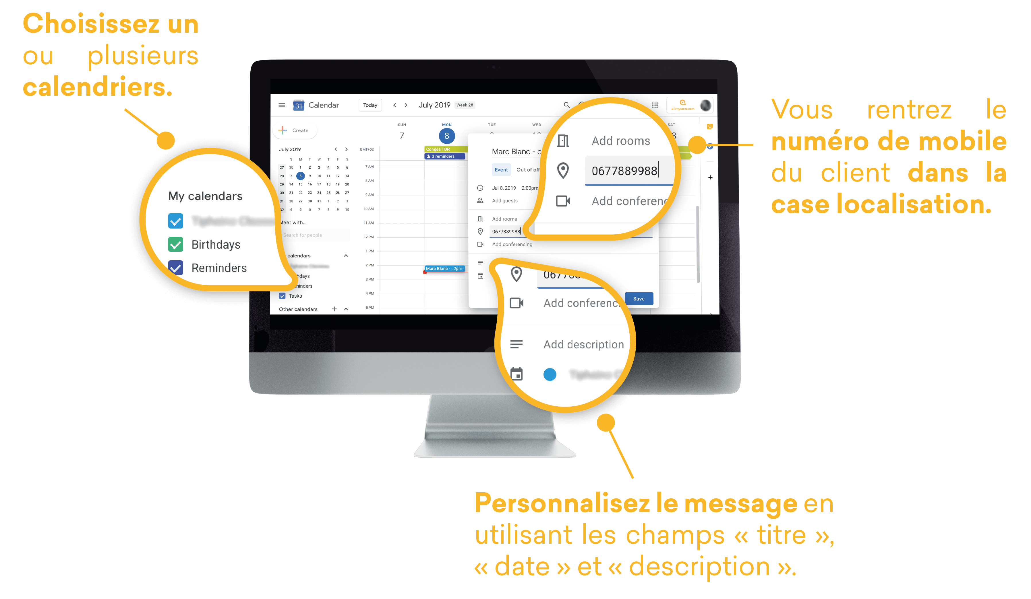 Fonctionnalités possibles en rappel de rendez-vous google agenda